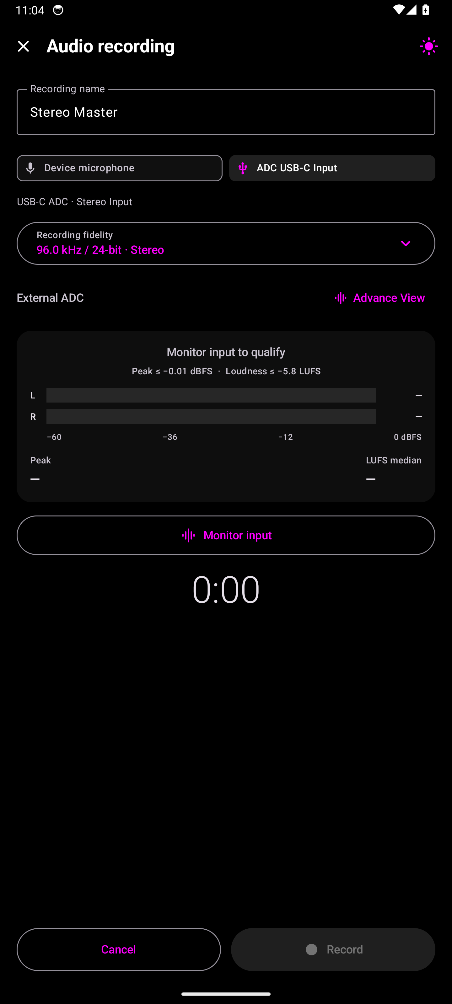 Diamond Player USB-C ADC input and fidelity controls in dark mode