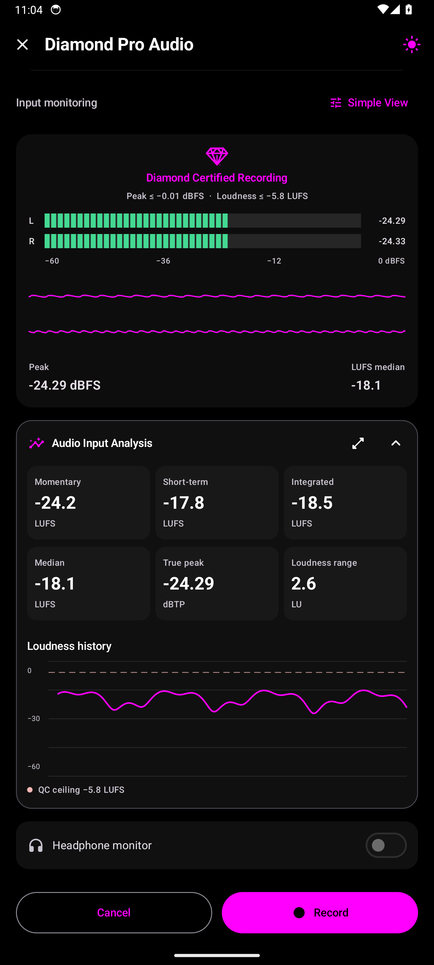 Diamond Player Pro Audio waveforms, meters and recording certification in dark mode