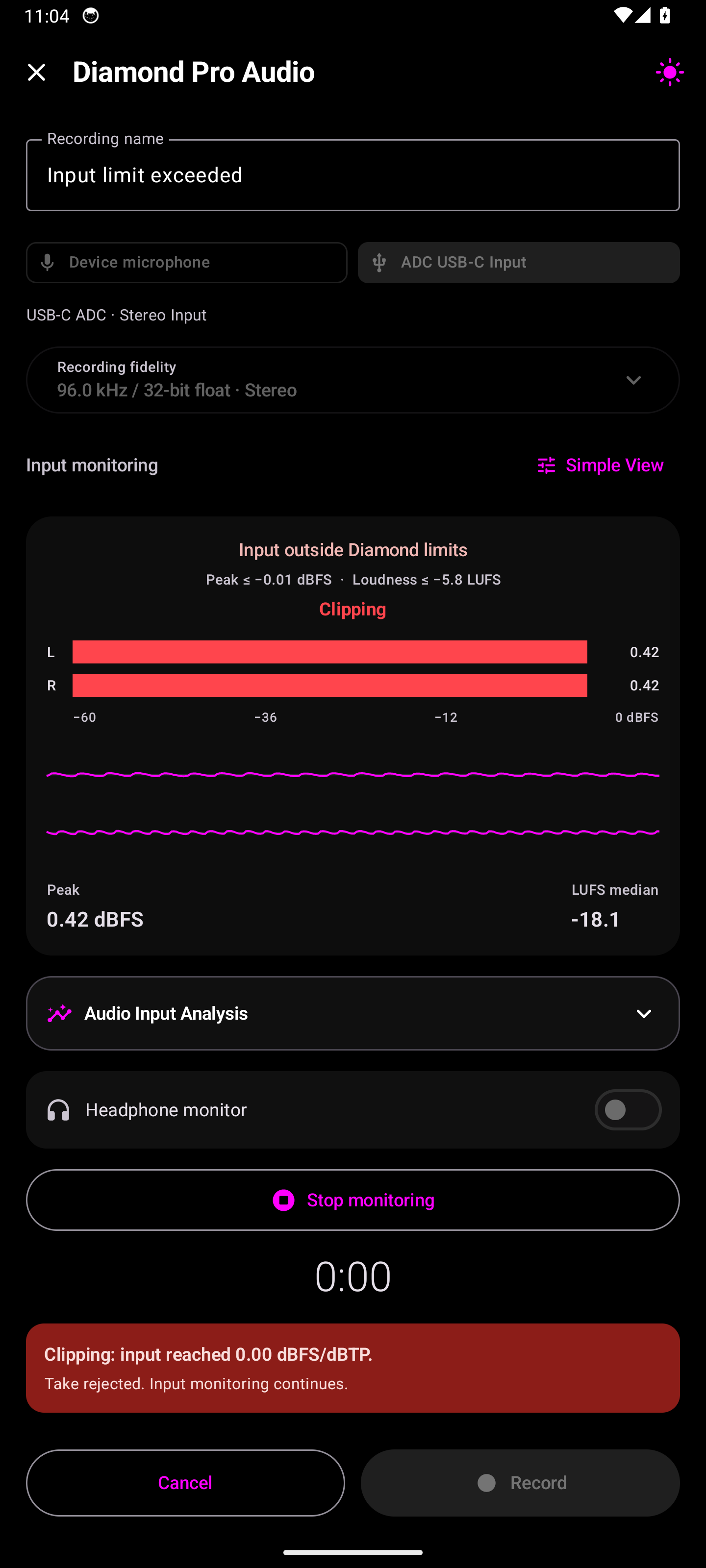 Diamond Player Pro Audio rejected-take state with monitoring continuing in dark mode