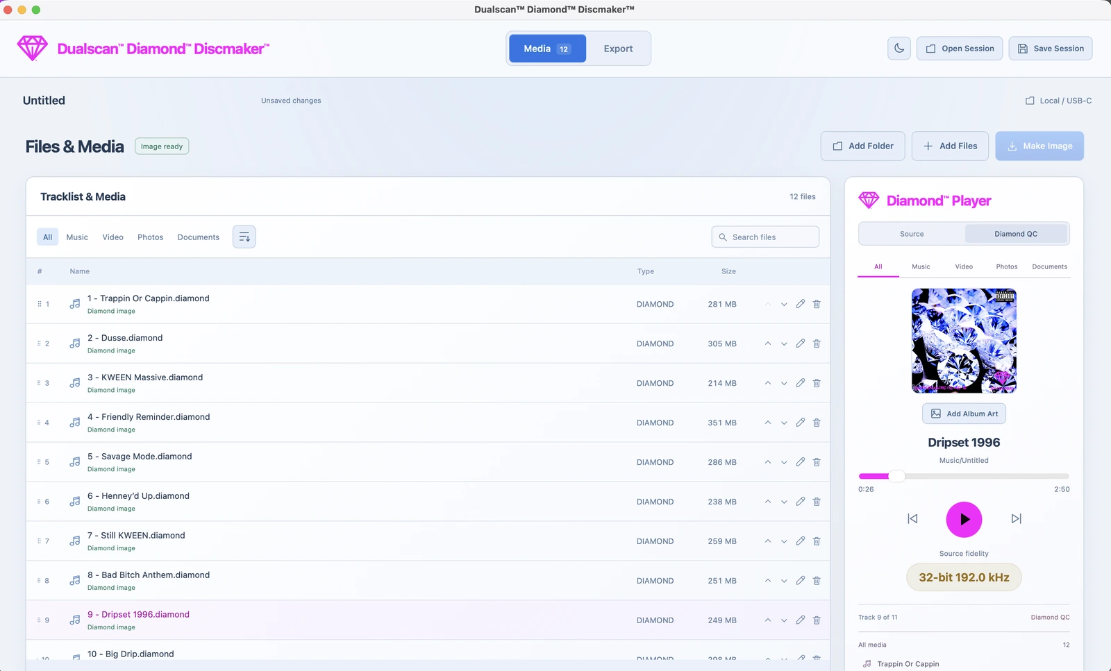 Diamond Discmaker showing a numbered Diamond tracklist, album artwork and the Diamond QC player