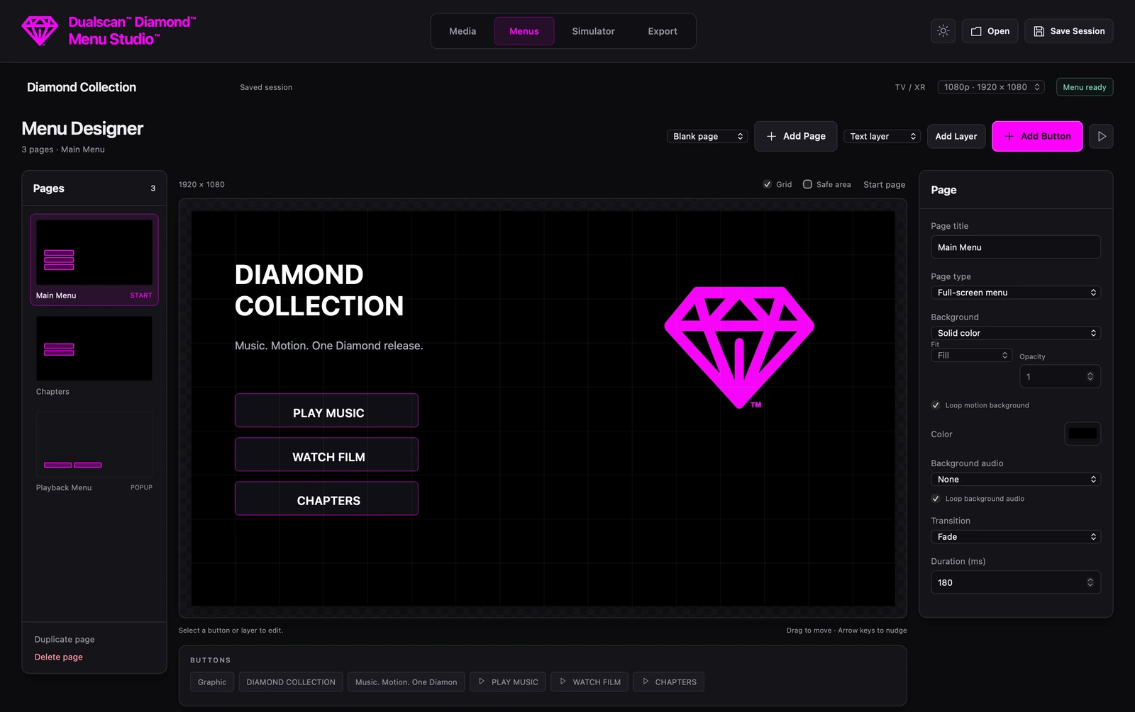 Diamond Menu Studio designer with menu pages, an editable menu canvas and button and page controls