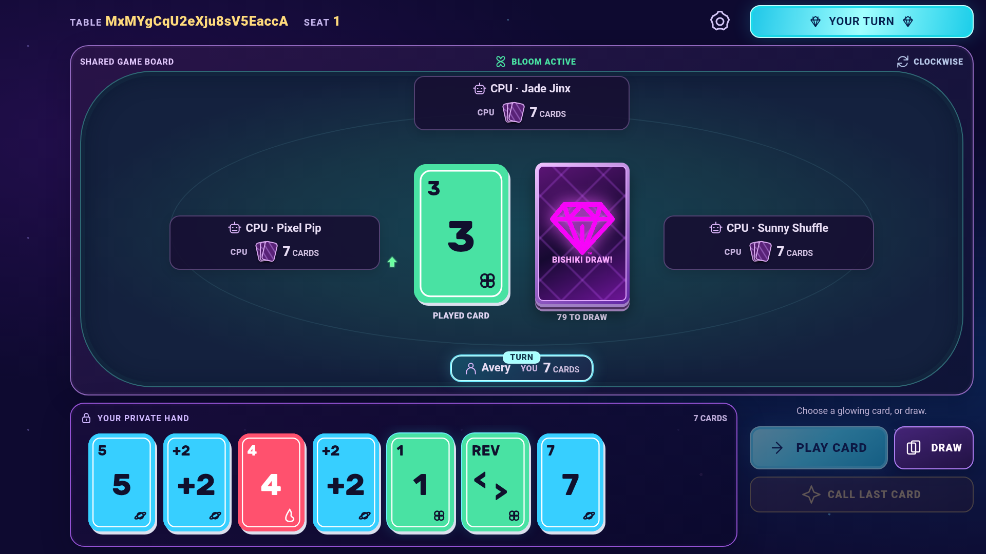 Bishiki DRAW mobile landscape game with shared four-seat board and the current player’s private cards at the bottom
