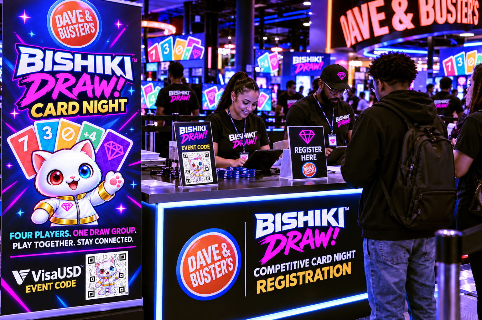 Dave & Buster’s Bishiki Draw card night artwork with VisaUSD event registration