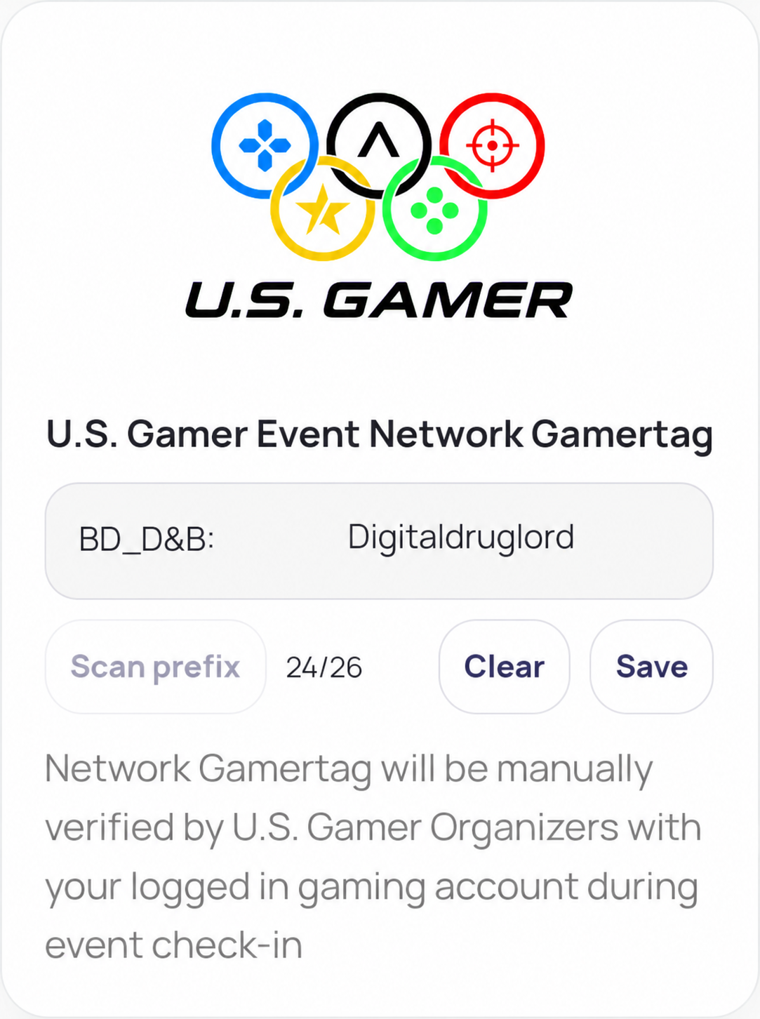 VisaUSD U.S. Gamer Event Network Gamertag field with a BD_D&B: prefix and event check-in instructions