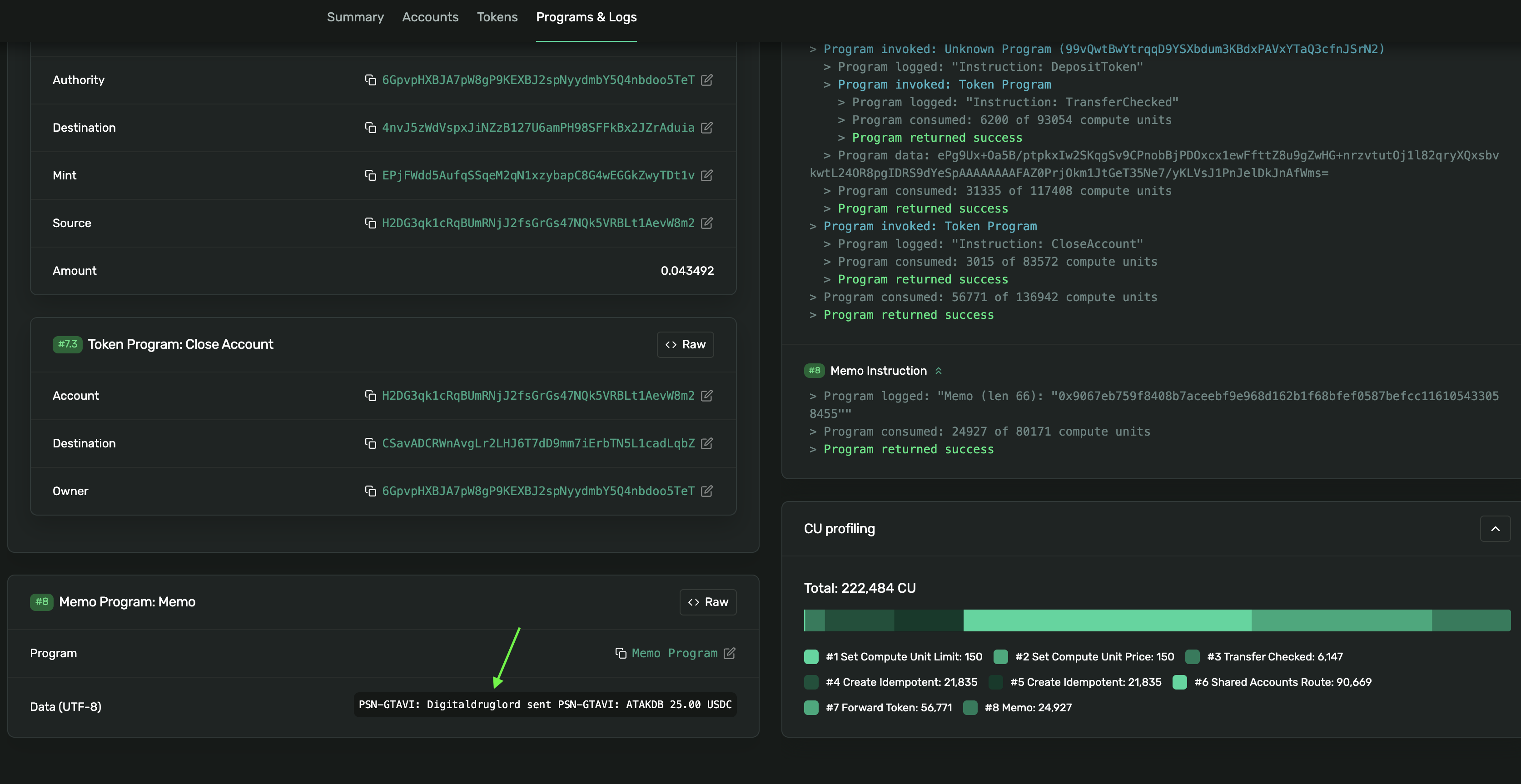 Solana transaction explorer showing a Memo instruction with U.S. Gamer sender and recipient tags, an amount and USDC