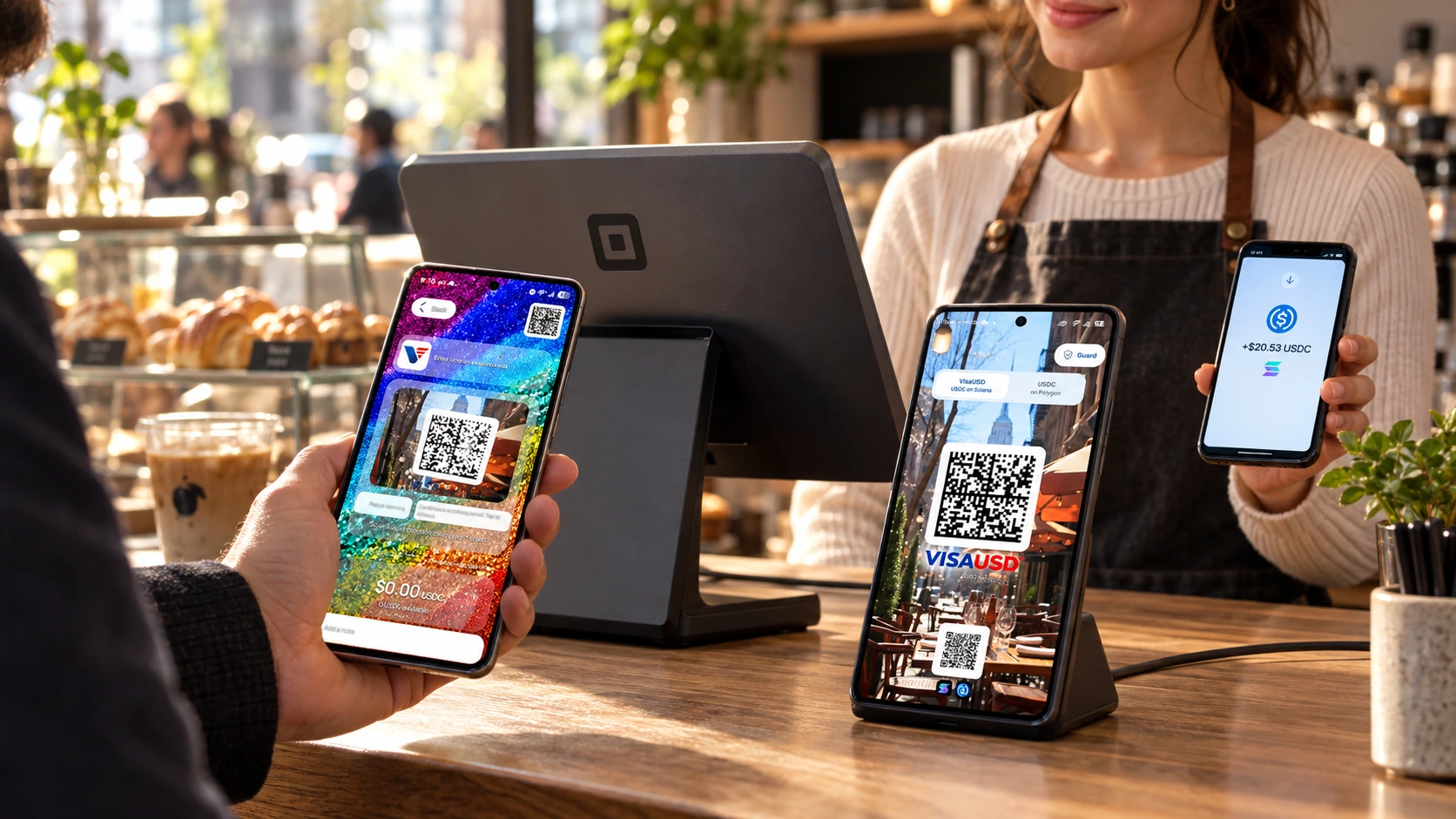 Illustrative café checkout with a customer-facing payment device and a separate cashier station