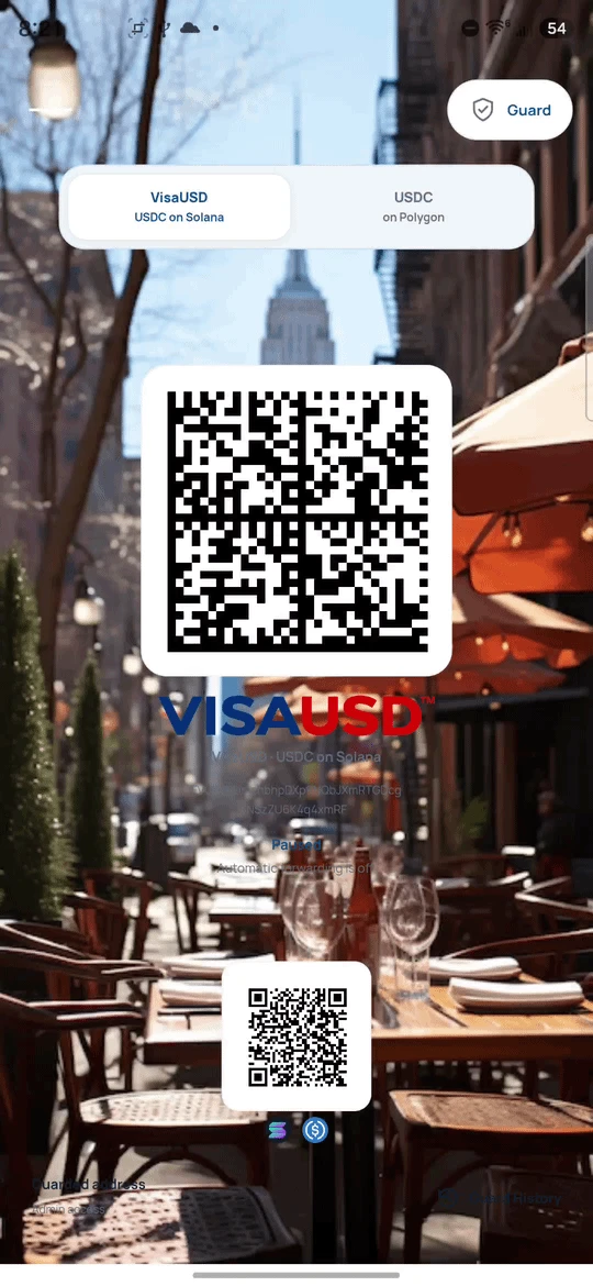 VisaUSD PoS app interface demonstration on an Android phone