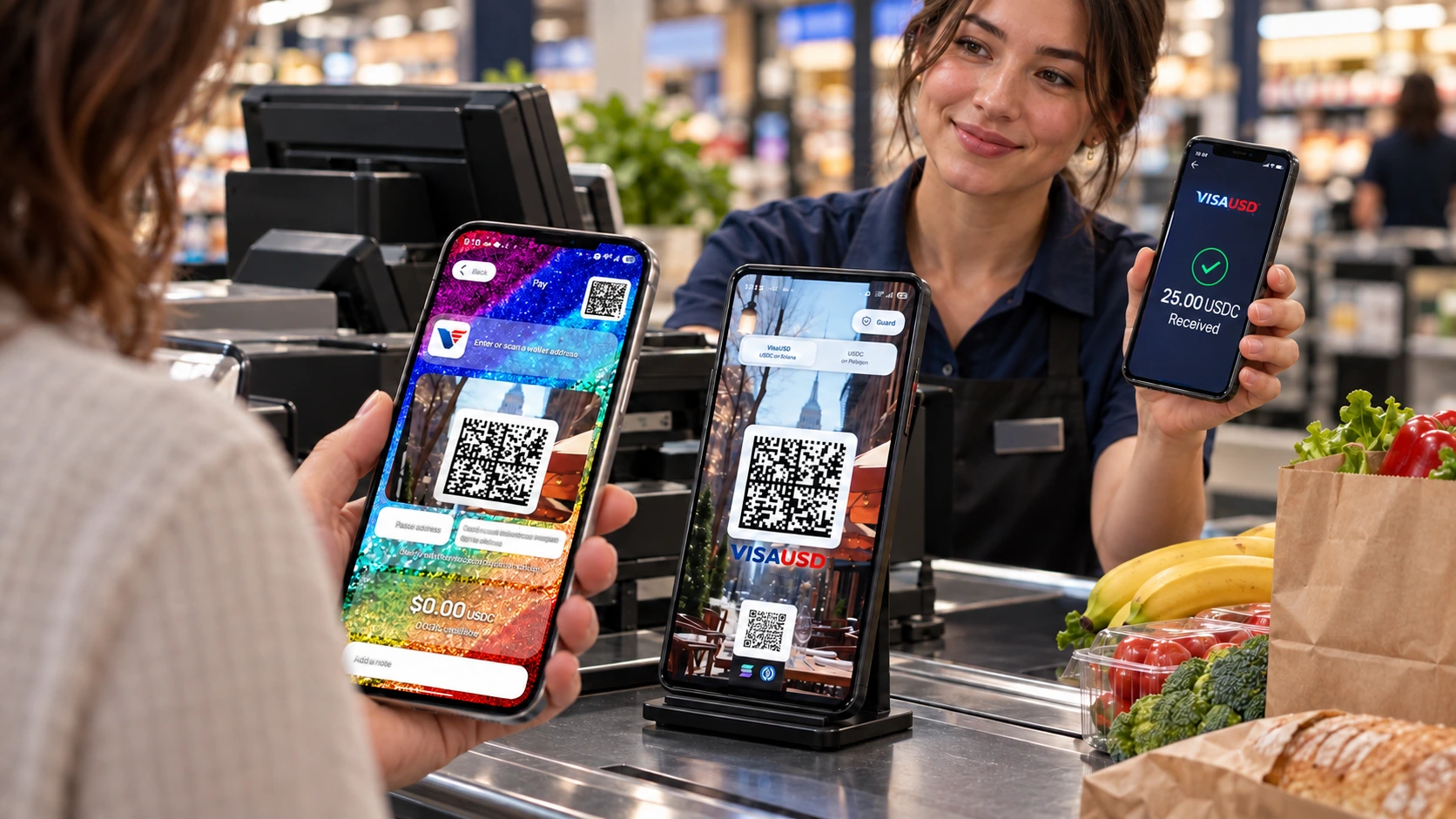 Illustrative supermarket checkout with a dedicated customer payment screen beside the cashier register